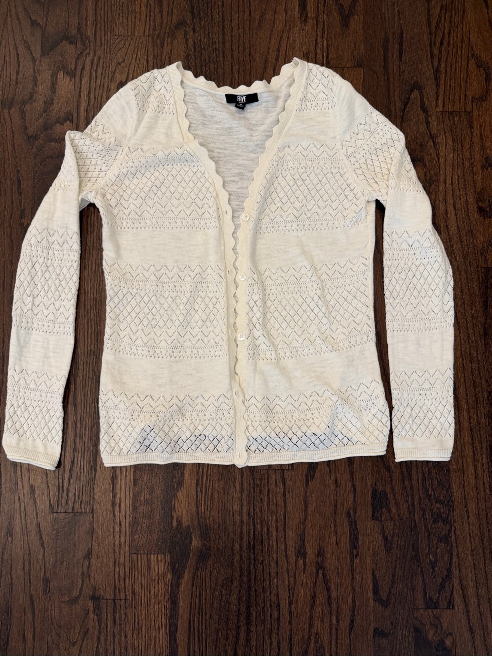 Frye Cream Openwork Scalloped-Edge Button Cardigan